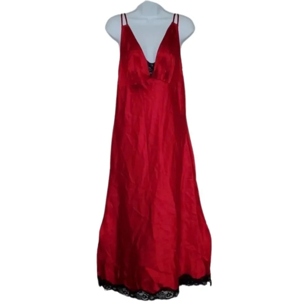 Secret Treasures Red Satin Long Chemise Nightgown Black Lace Trim - Medium